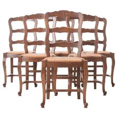 Set of Six French 1940s Oak Ladder Back Dining Chairs