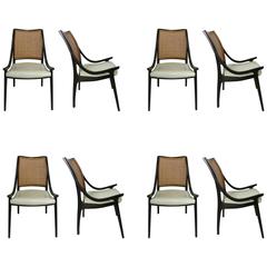 Splendid and Rare Set of Eight Walnut and Cane Dining Chairs by John Kapel