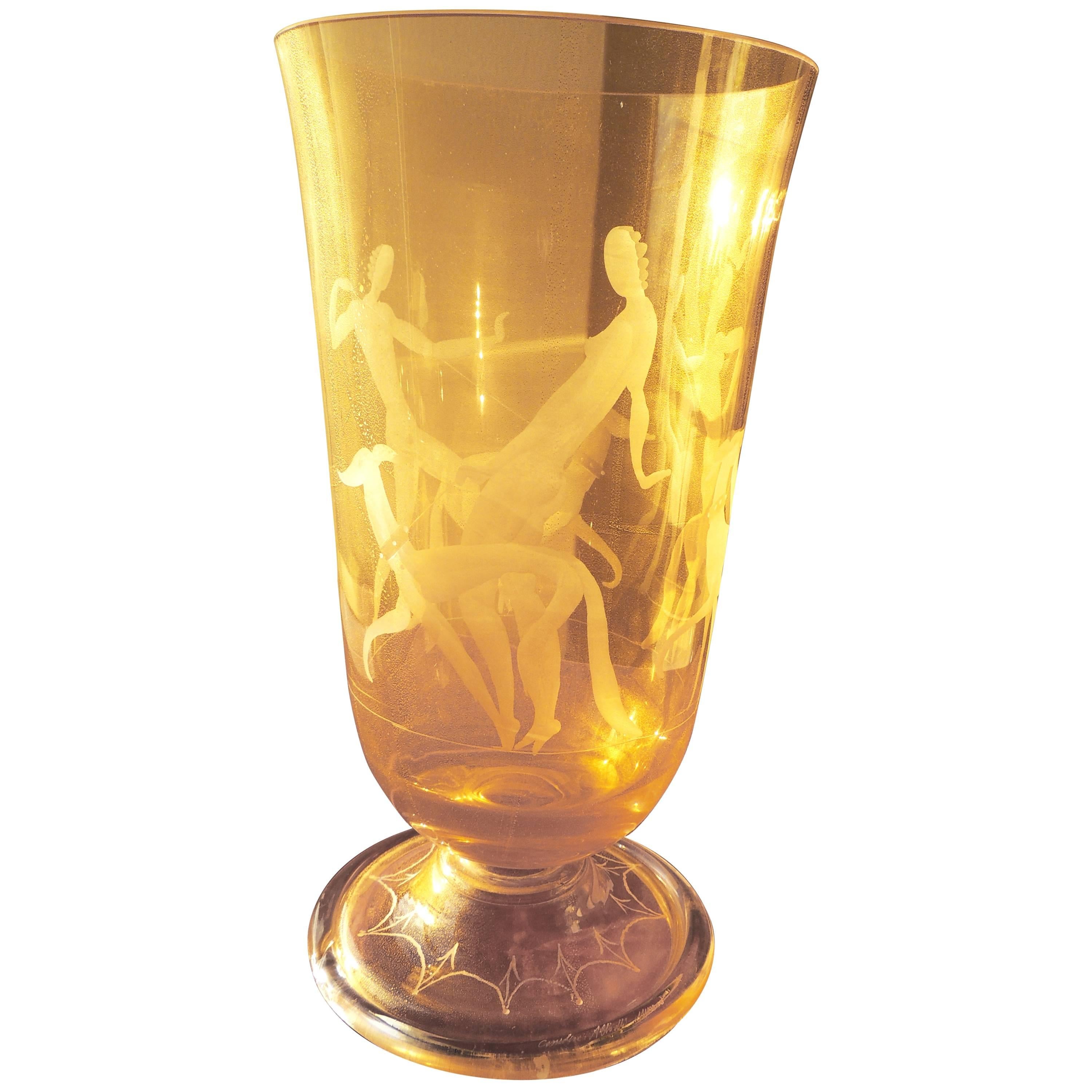 Art Deco Etched Glass Vase with Stylized Women and Dogs