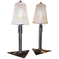 Pair of Peach Art Deco Muller Glass and Iron Lamps