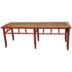 Vintage Red Lacquer Faux Bamboo Cane Bench