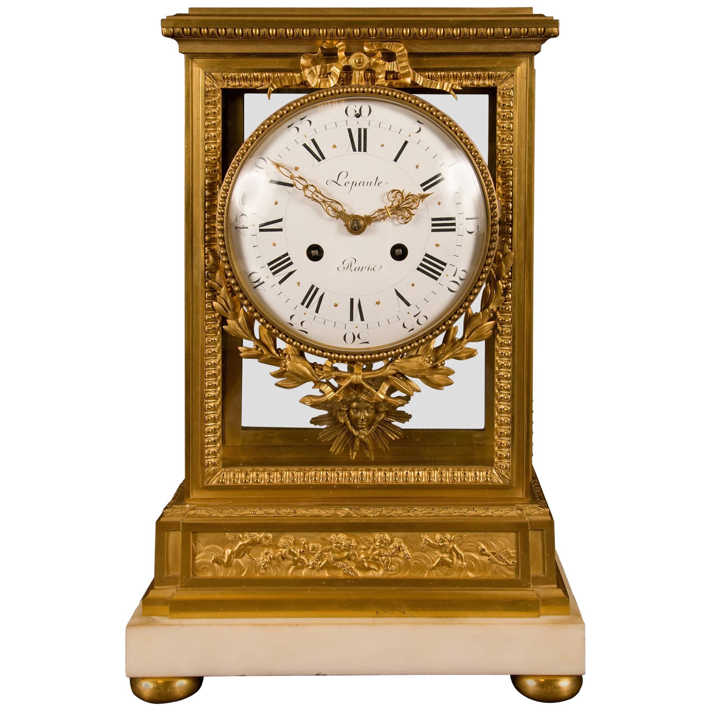 Louis XVI Style Gilt Bronze and Marble Mantel Clock, Signed Lepaute, a Paris For Sale