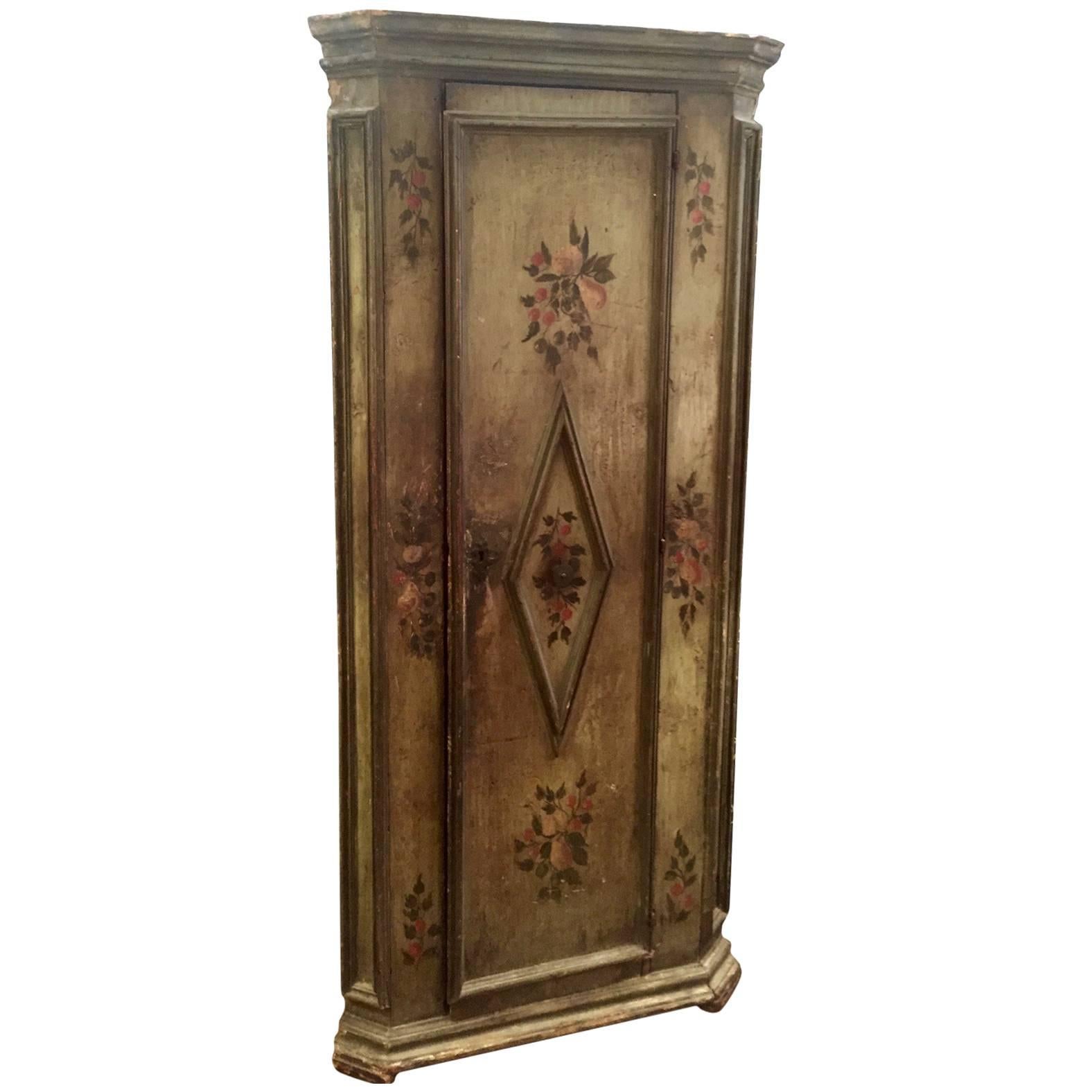 Very Old French Hand-Painted Corner Cupboard