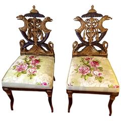 Magnificent Pair of Carved Wood Black and Gold Side Chairs