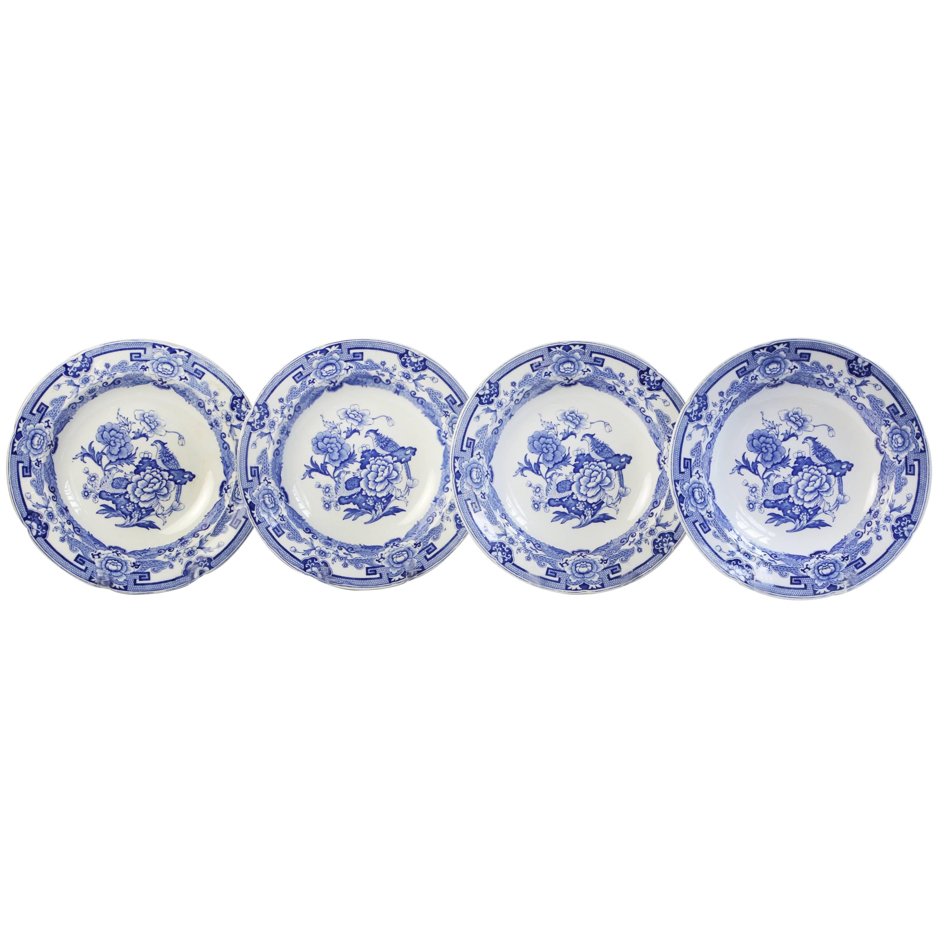 Set of Four Large Shallow Soup Bowls, Mason Ironstone Blue Pheasant