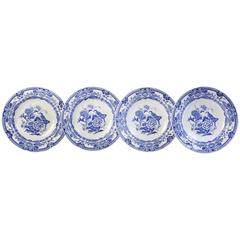 Set of Four Large Shallow Soup Bowls, Mason Ironstone Blue Pheasant