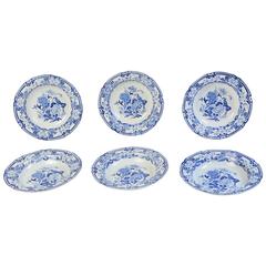 Set of Six Shallow Soup Bowls, Mason Ironstone Blue Pheasant