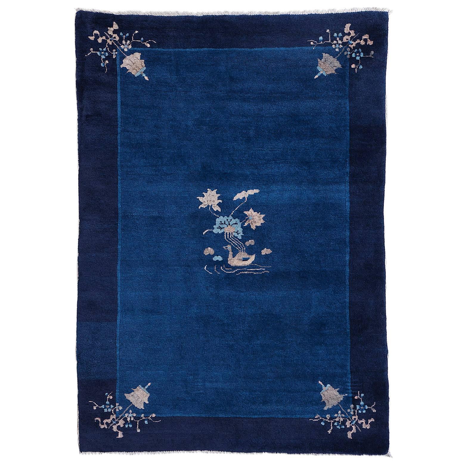 Antique Art Deco Chinese Beijing Scatter Rug Navy Blue For Sale at 1stDibs