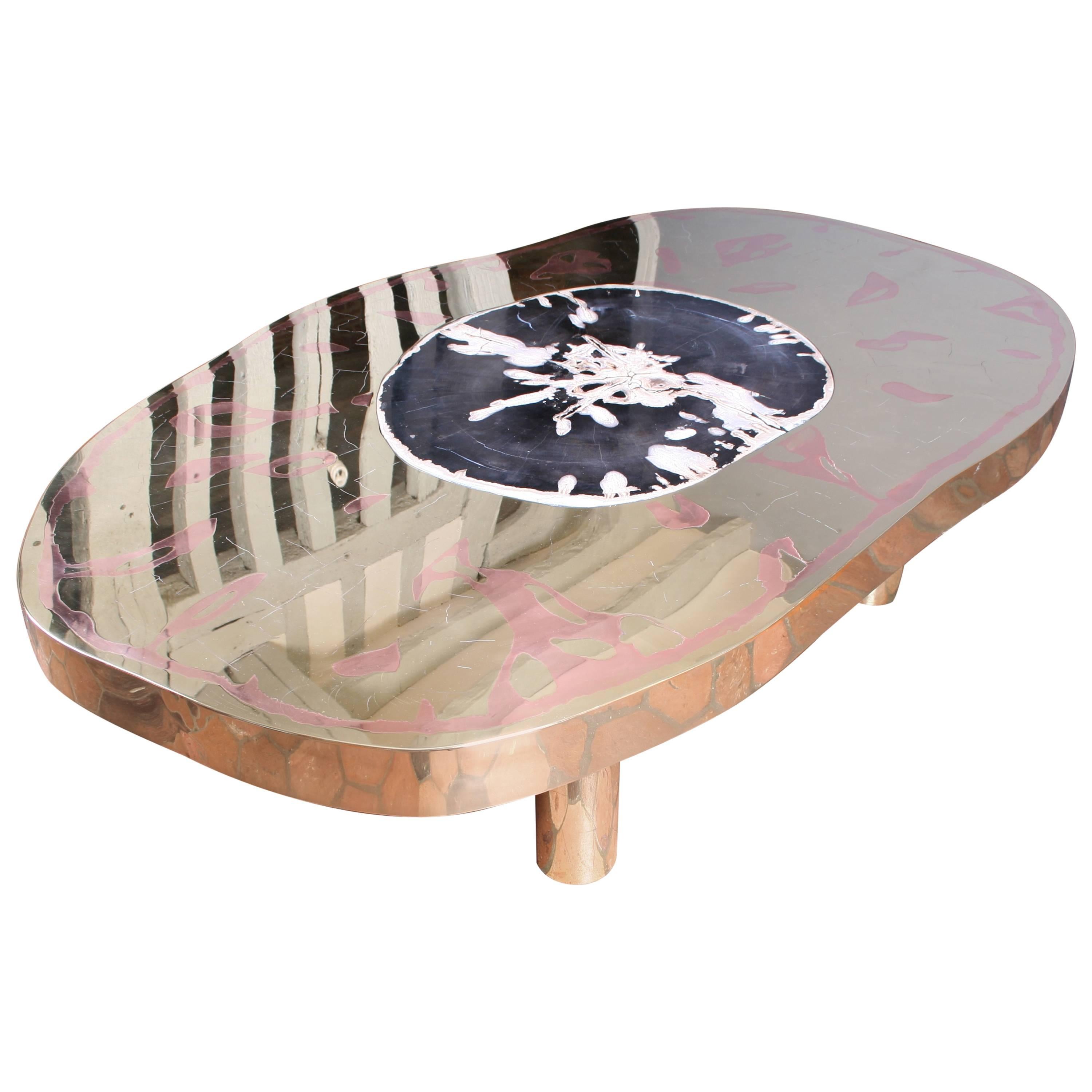 Coffee Table Petrus, Black Petrified Wood and Etched Brass by Arriau For Sale