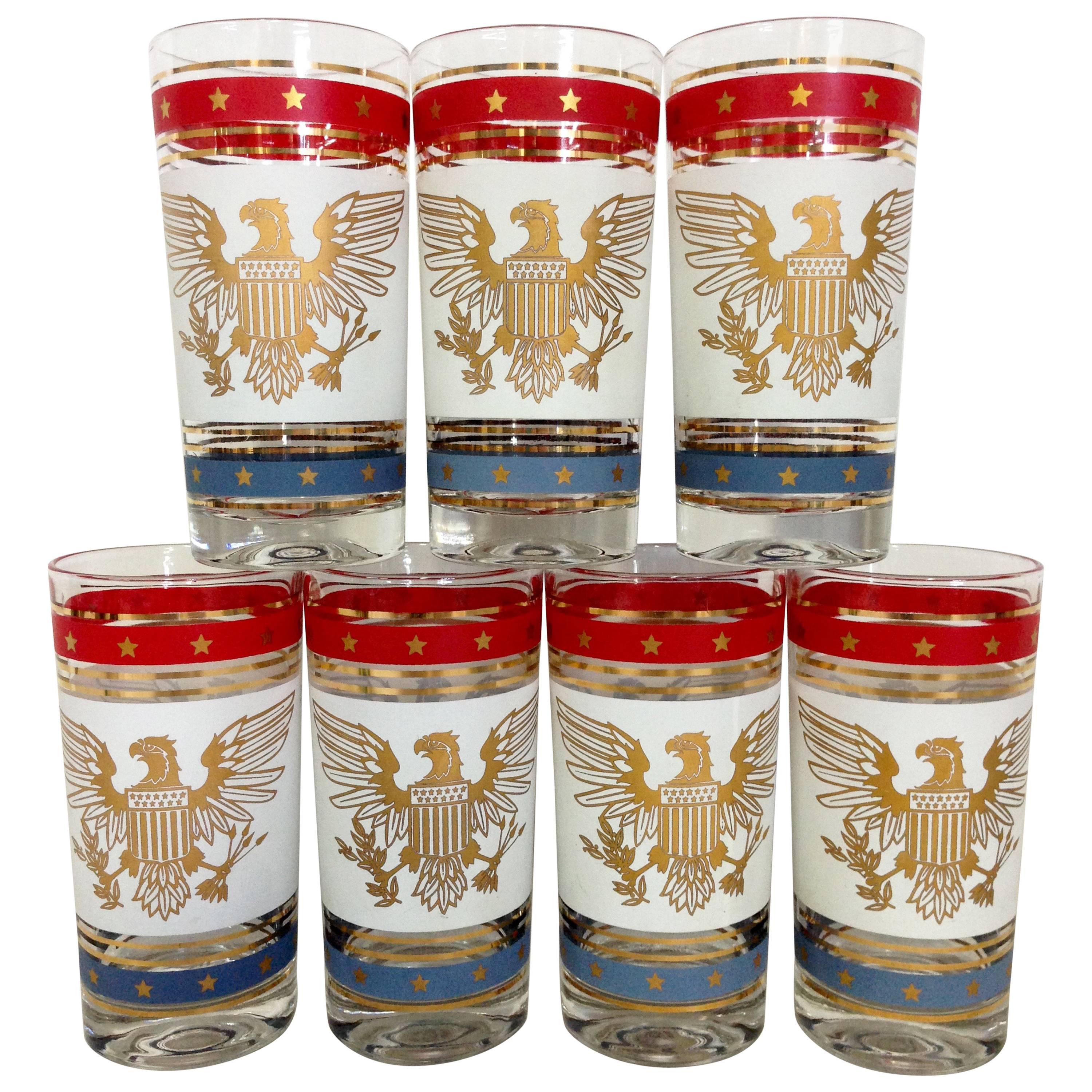Patriotic 22-Karat Hand-Painted American Bald Eagle High Ball Glasses
