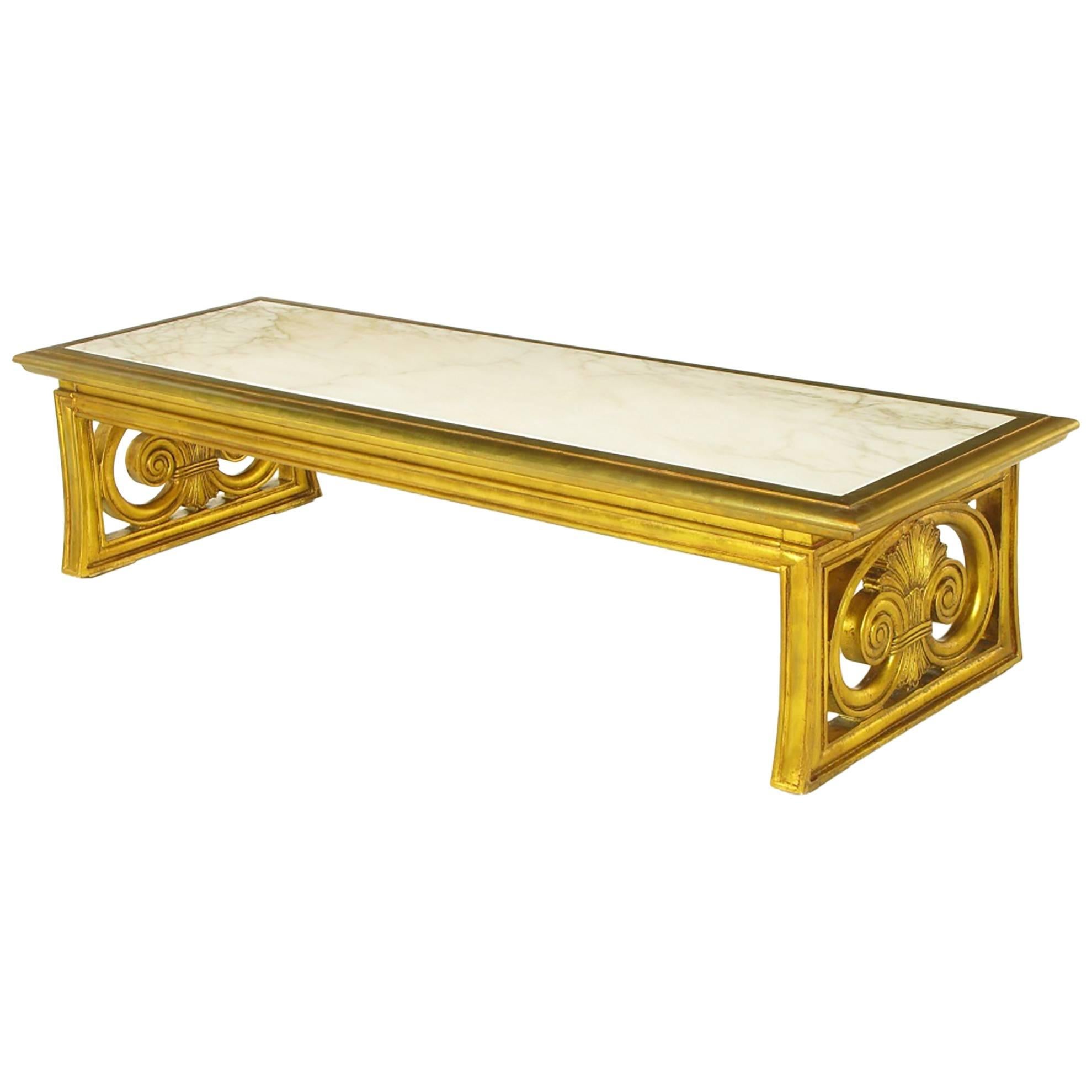 Gilt Carved Wood and Calacatta Marble Neoclassical Fleur-De-Lis Coffee Table For Sale