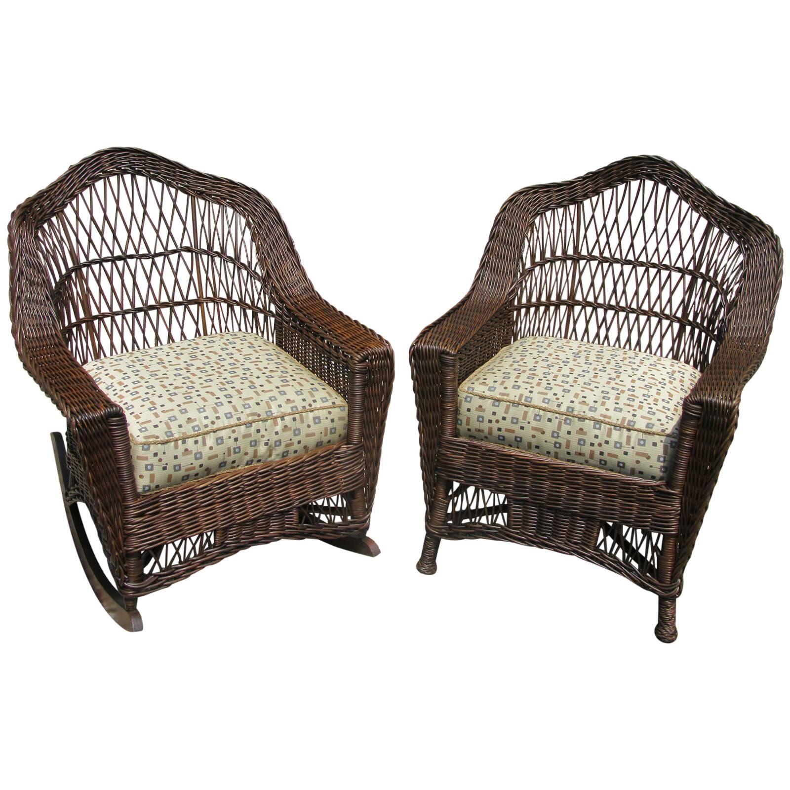 Matching Bar Harbor Wicker Armchair and Rocker For Sale