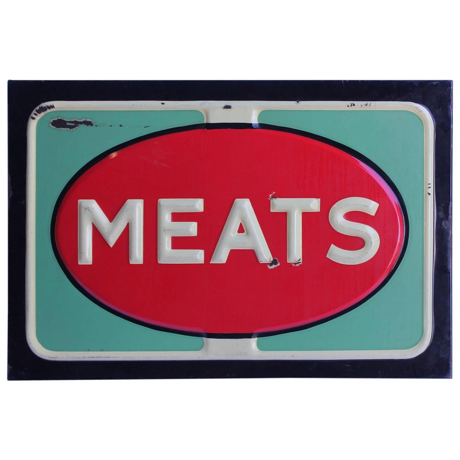 1950s American Embossed Porcelain Meats Sign