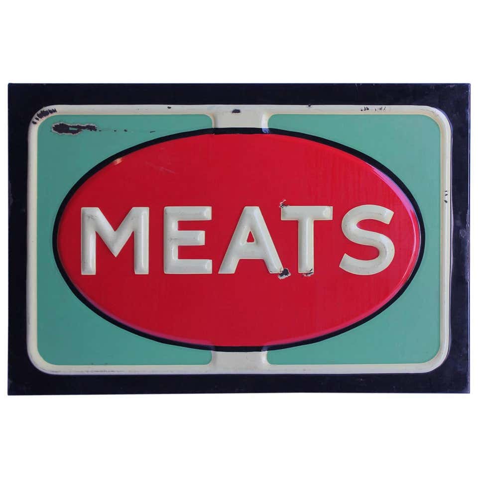 Mixed Meat Sign 1950s American Embossed Porcelain Meats Sign at 1stDibs | 1950s sign