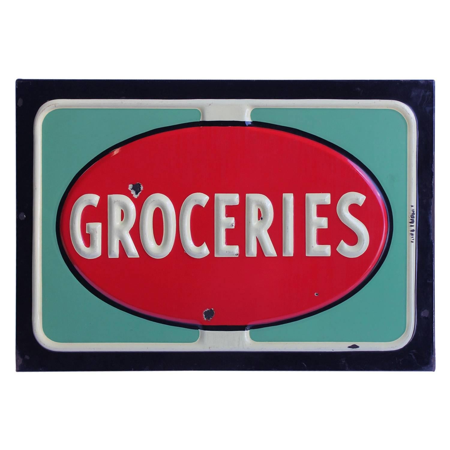 1950s American Embossed Porcelain Groceries Sign For Sale