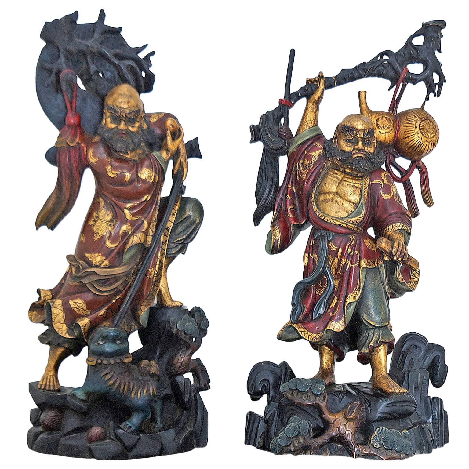 Pair of Chinese Ming-Style Polychrome Carved Wood Male Figures or Sculptures