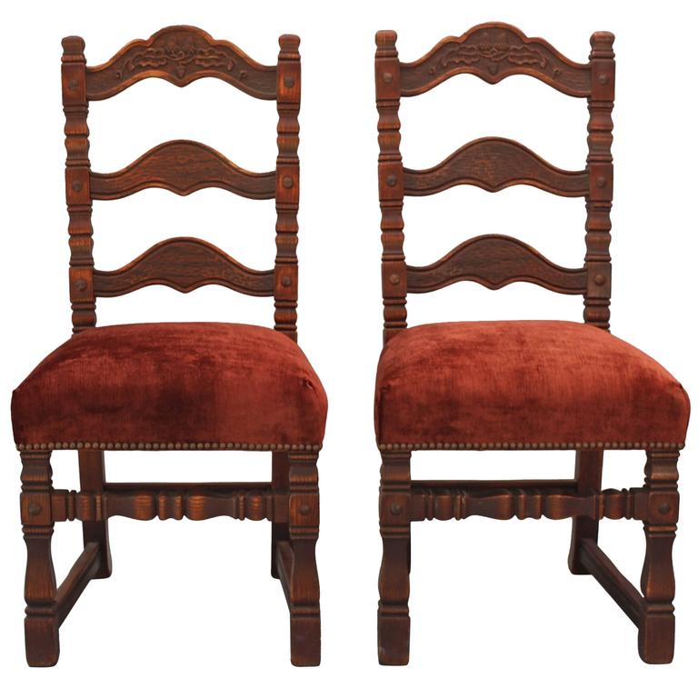 Pair of Carved Spanish Revival Chairs with Acorn Motif at 1stDibs