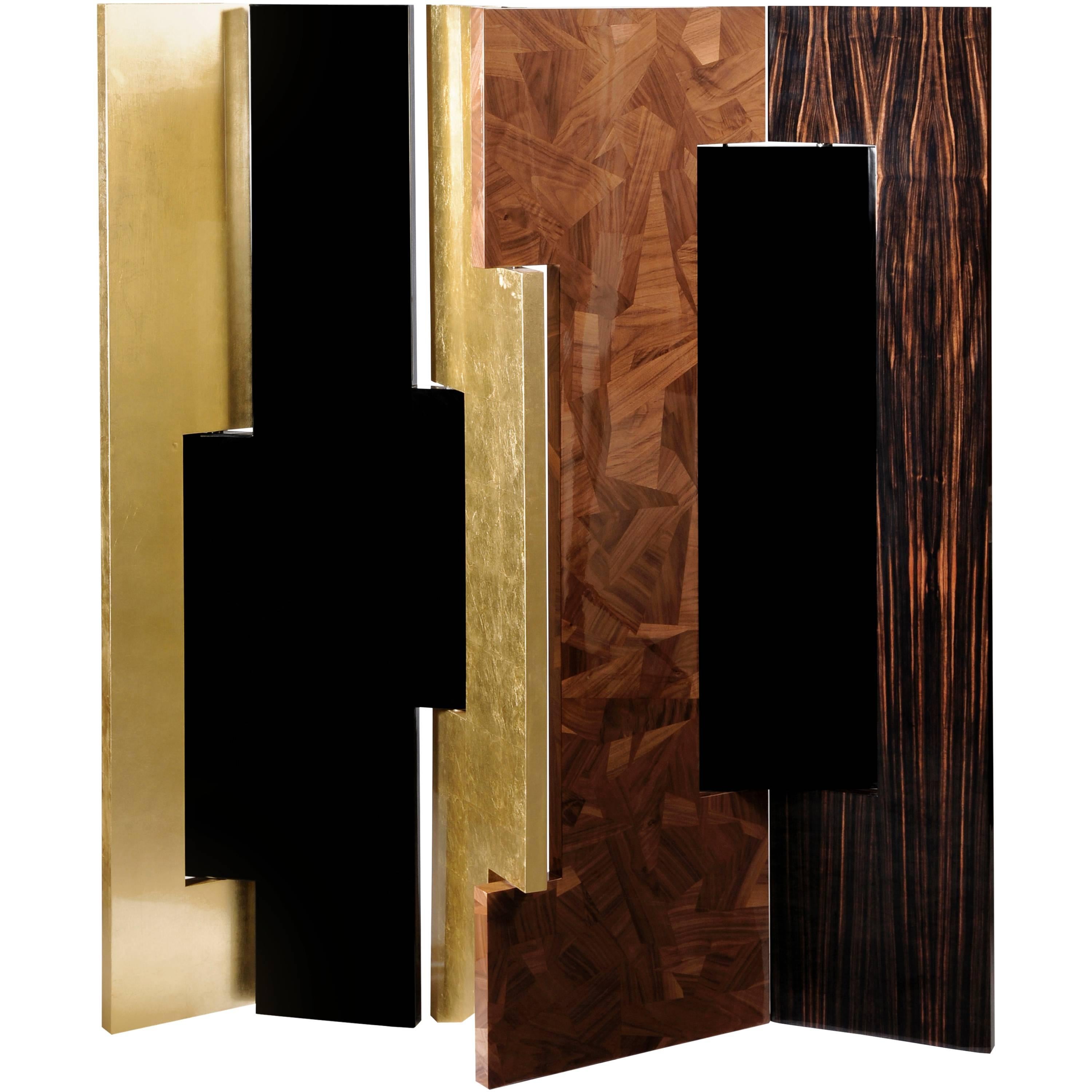 European Boca Do Lobo Gold, Lacquer, Walnut, Ebony Wood Avenue Folding Screen For Sale