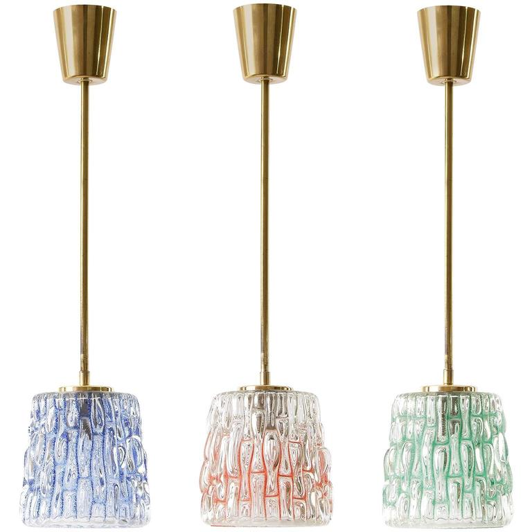 Three Colorful Glass and Brass Pendant Lights by Rupert Nikoll, Austria