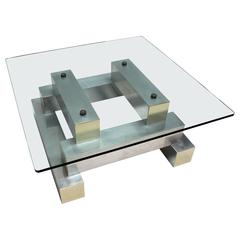 1970s Aluminum Ziggurat Glass Top Coffee Table in the Style of Paul Evans