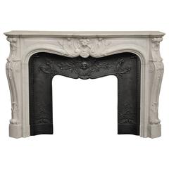 Antique Louis XV Style Fireplace, Carrara Marble, 19th Century