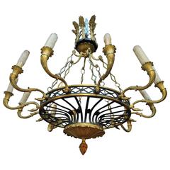 French Bronze and Iron Large Twelve-Light Neoclassical Chandelier