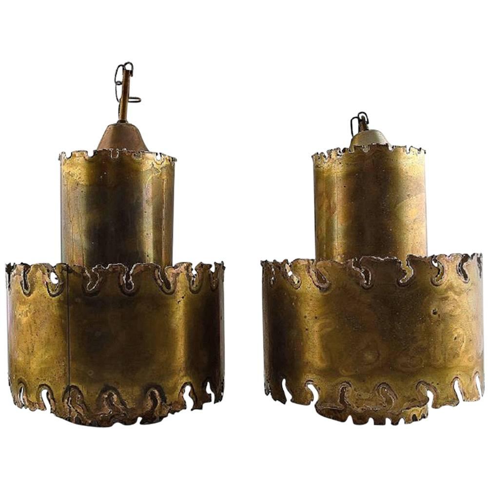 Svend Aage Holm Sorensen, Pair of Ceiling Pendant Lamps in Brass For Sale