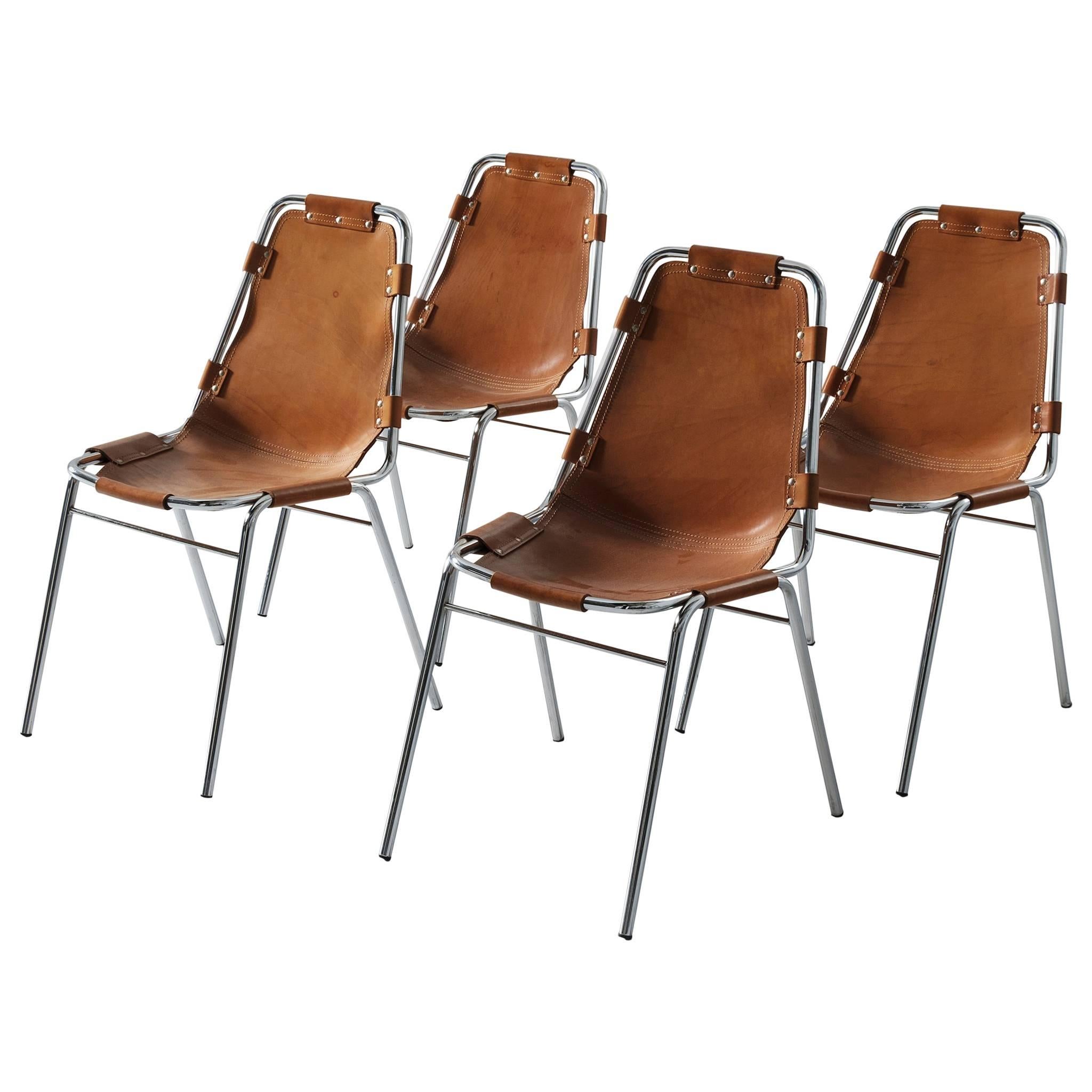 Set of Four 'Les Arcs' Chairs in Cognac Leather