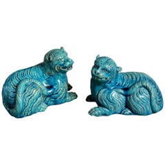 Pair of 19th Century Chinese Turquoise Glazed Porcelain Seated Leopards