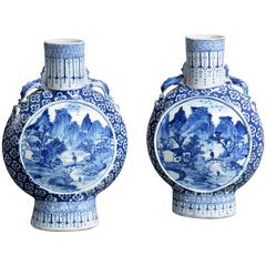 Antique Pair of 19th Century Blue and White Porcelain Moon Flasks