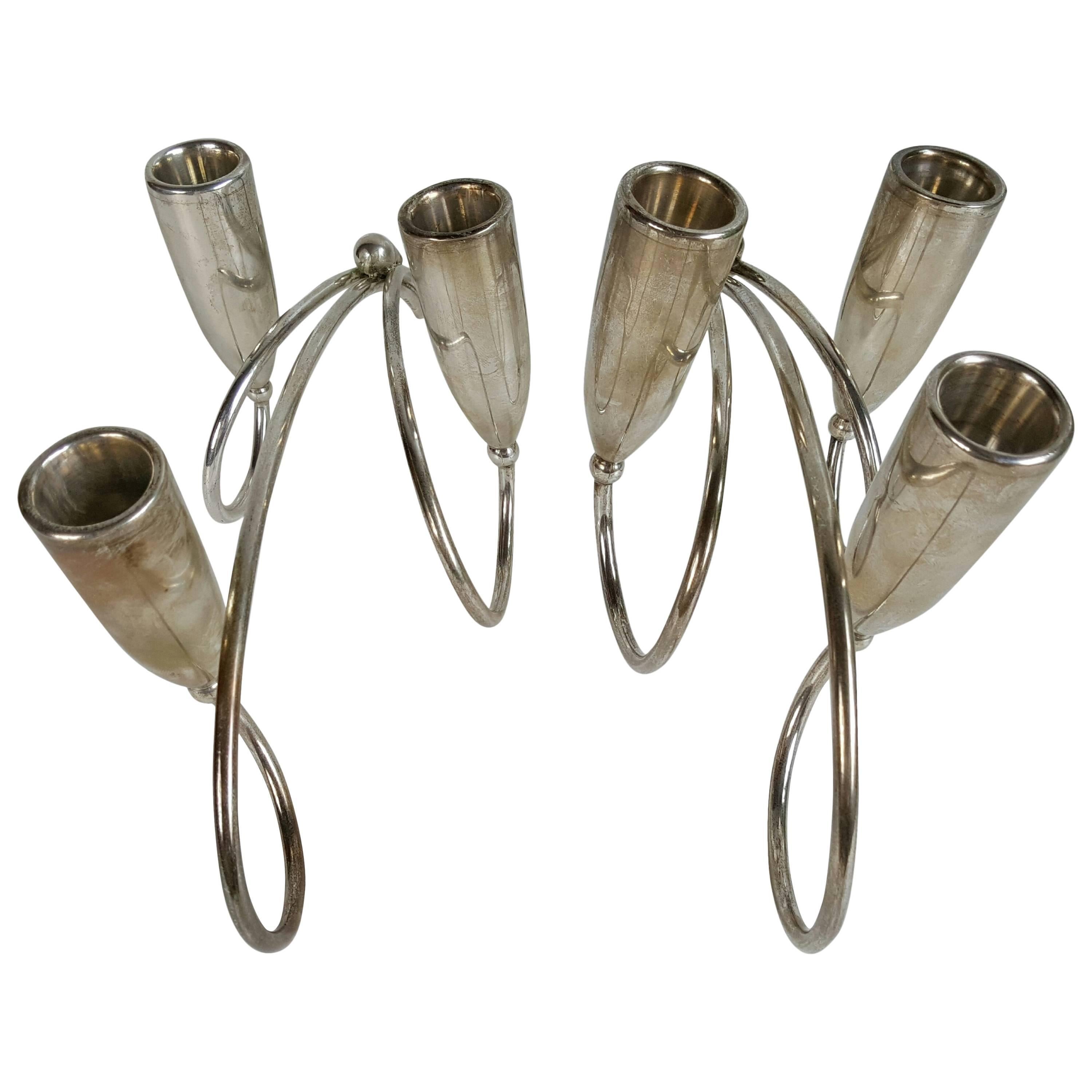 Pair of Sterling Silver Candleholders, Mexico, Manner of Georg Jenson