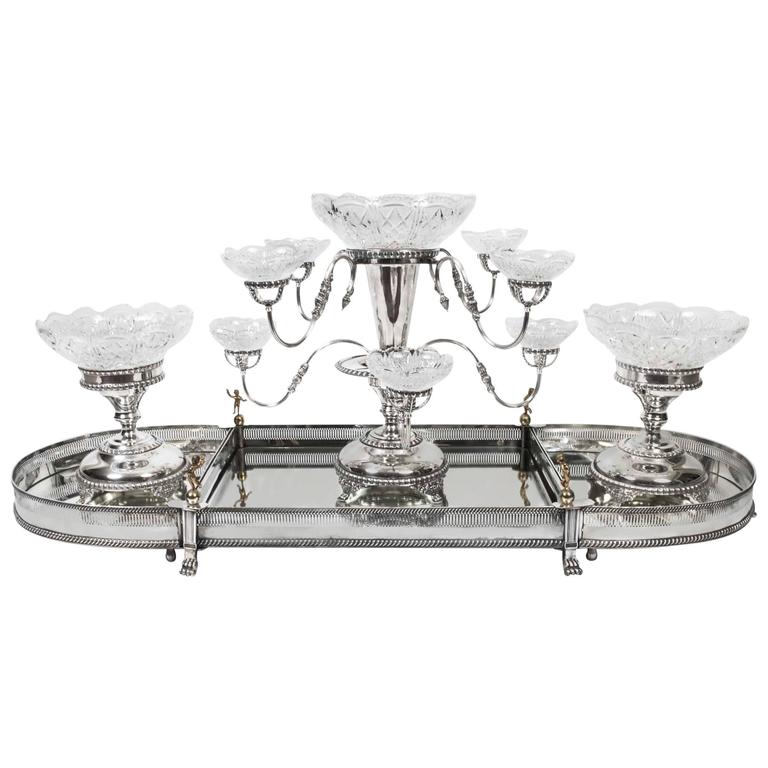 Extravagant English Silver Plate Glass Centerpiece Set For Sale at 1stdibs