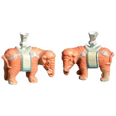 Antique Pair of Porcelain Orange Elephant Candle Holders
