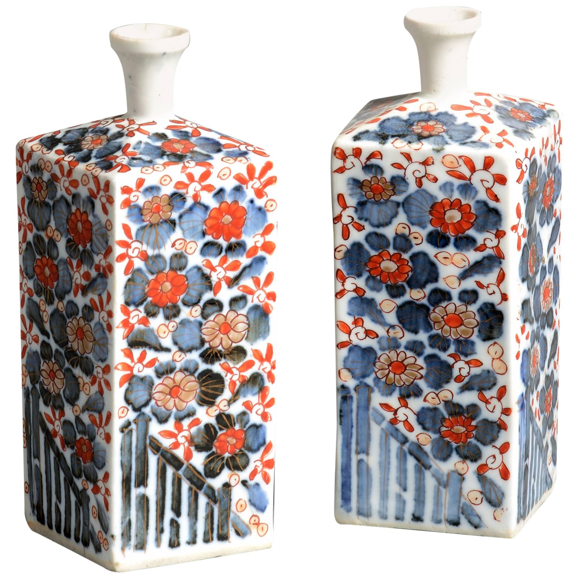 19th Century White Imari Porcelain Flasks / Vases Pair with Blue & Red Flowers