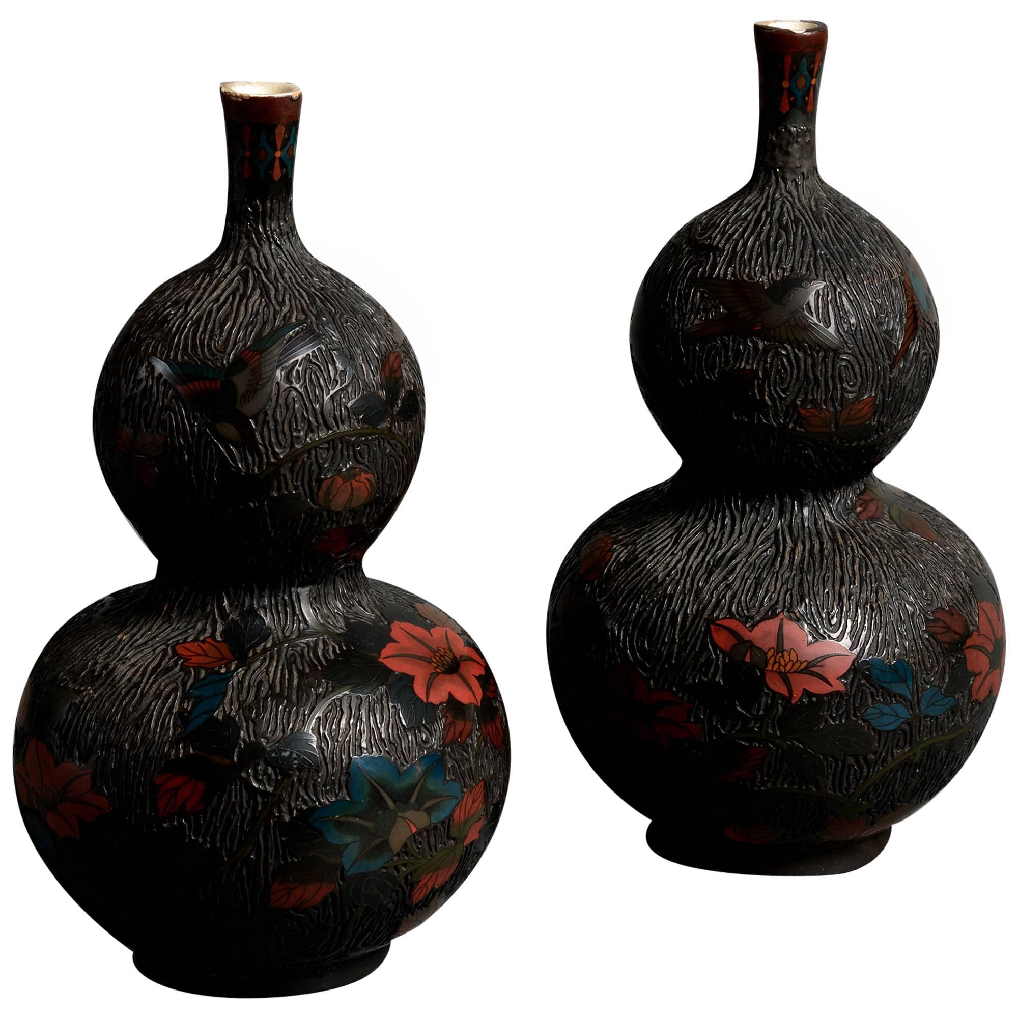 19th Century Pair of Black Cloisonné and Gourd Vases with red and blue flowers