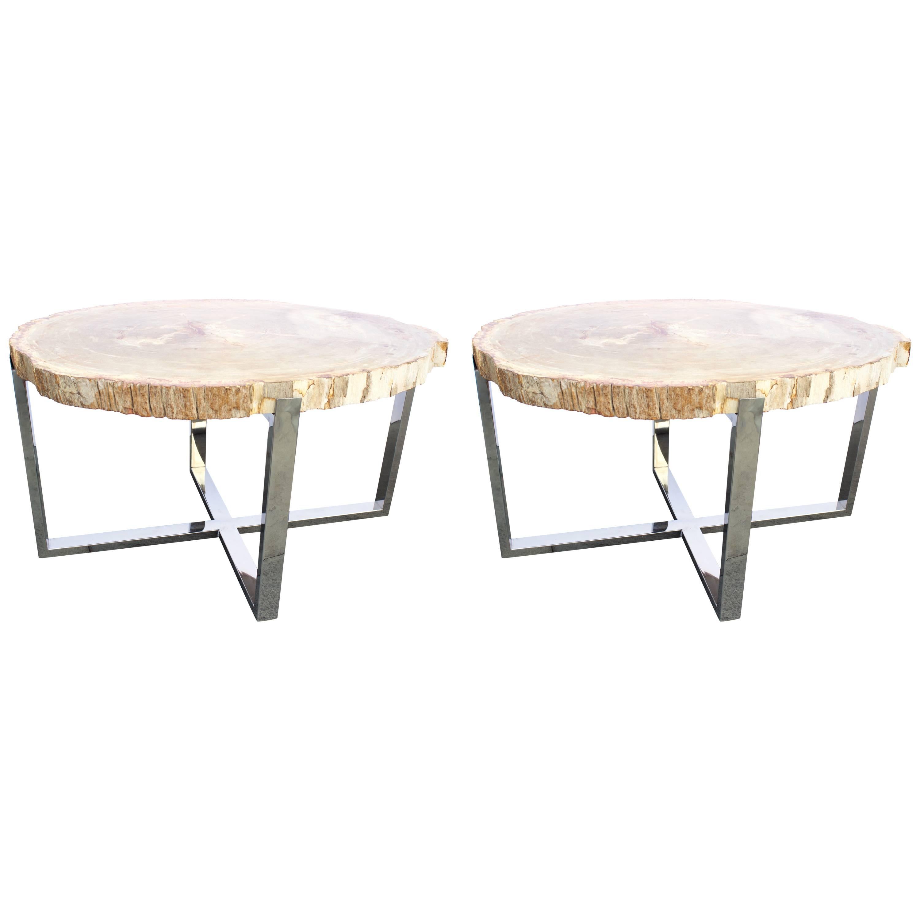 Pair of Petrified Wood Tables with Chrome-Plated Steel Base For Sale