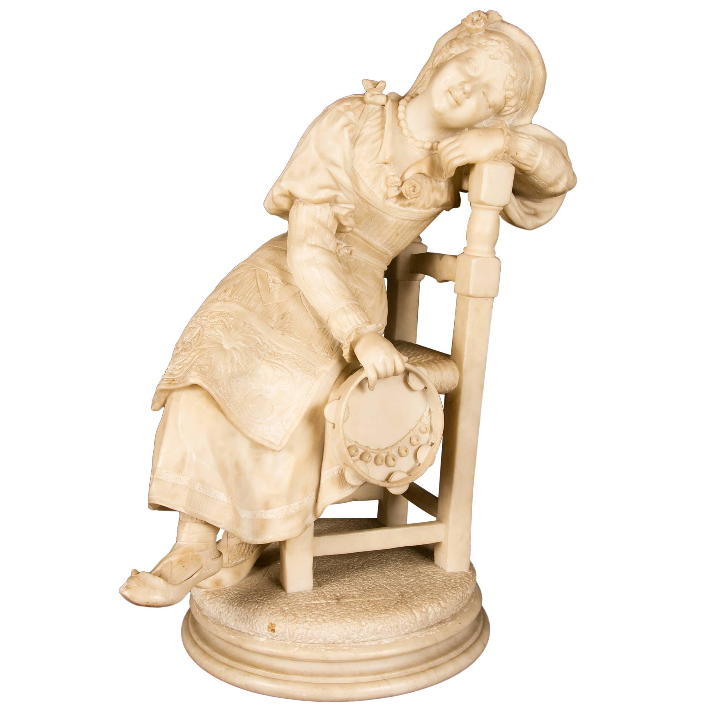 Alabaster Sculpture of Young Girl Seated Holding a Tambourine, Italy, circa 1860 For Sale