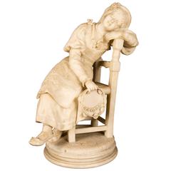 Alabaster Sculpture of Young Girl Seated Holding a Tambourine, Italy, circa 1860
