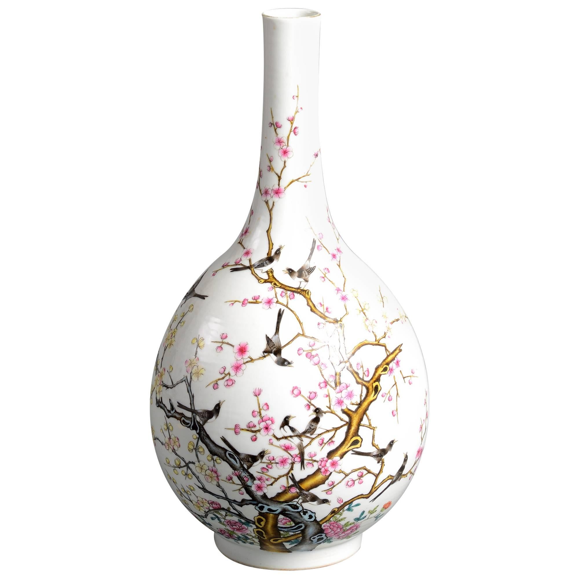19th Century Qing Famille Rose Bottle Vase with flowering prunus tree and birds