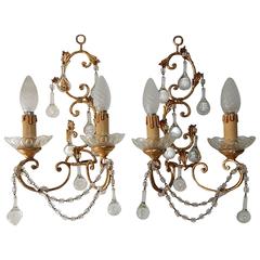French Giltwood and Tole Clear Murano Drops Sconces, circa 1930