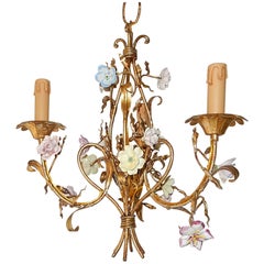 French Tole Pastel Porcelain Flowers Chandelier