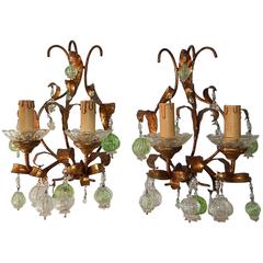 French Giltwood and Tole Green and Clear Murano Blown Balls Sconces