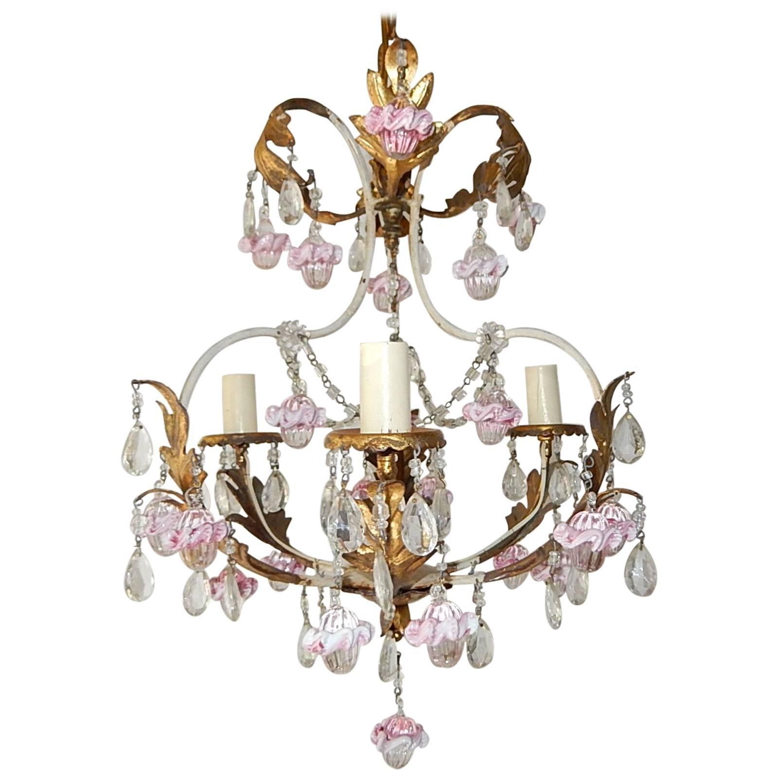 French Pink Ribbon Clear Murano Ball and Beads Crystal Chandelier