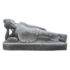 20th Century Grey Garden Statue of a Lava Stone Reclining Buddha