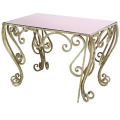 regency decorative wrought iron coffee table with purple glass top