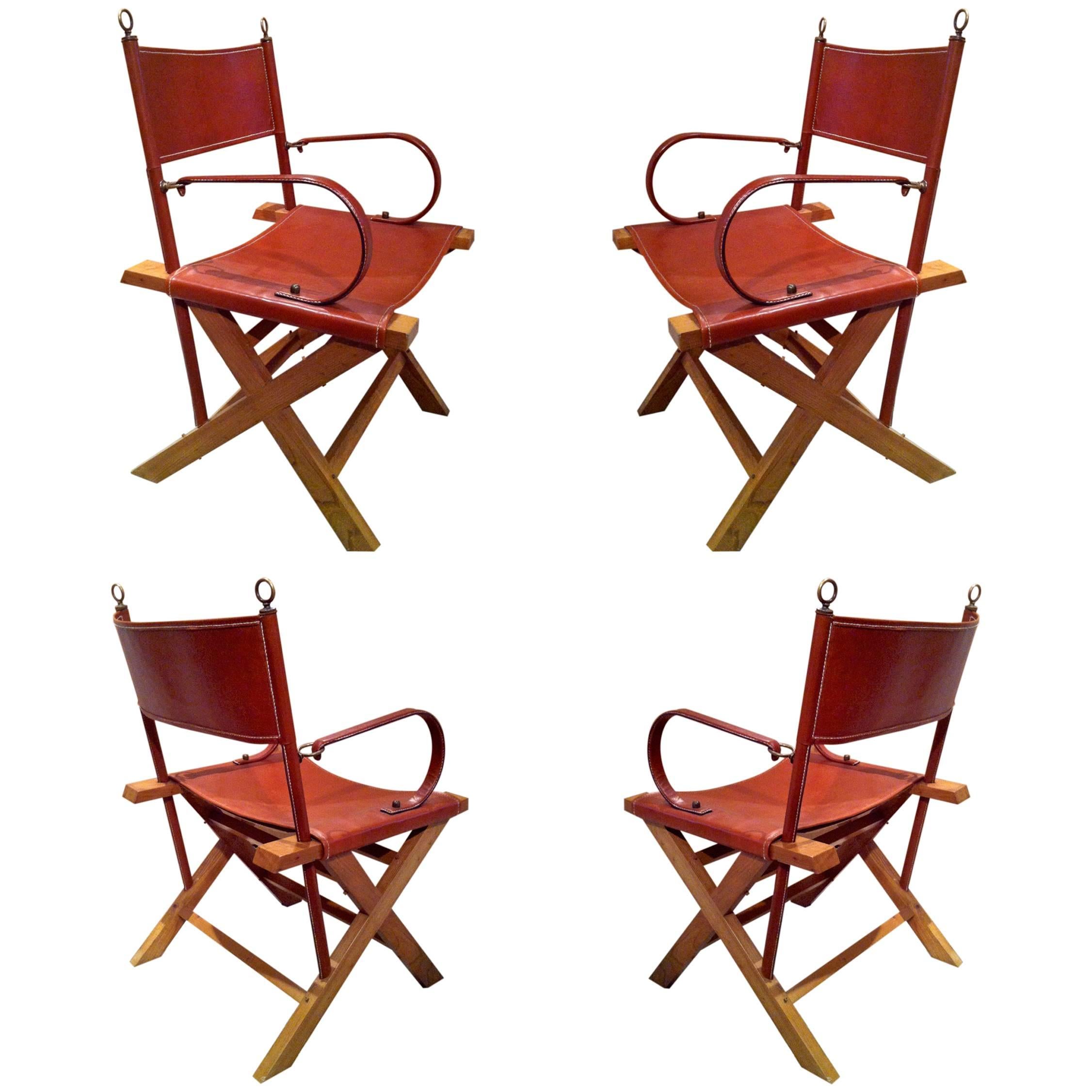 Jacques Adnet Rarest and Exceptional Four Armchairs Set in Hand-Stitched Leather