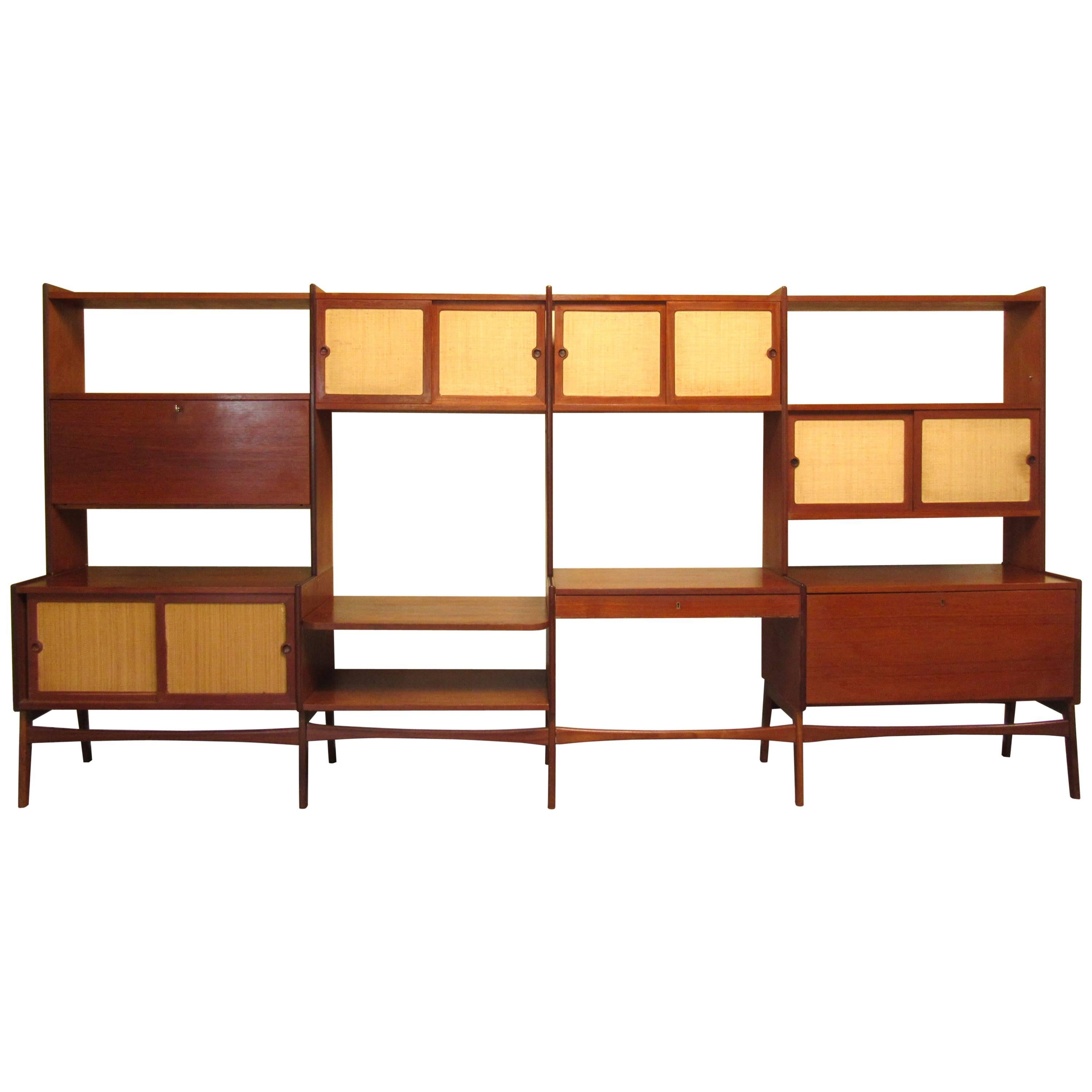 MidCentury Modern Teak Freestanding Wall Unit, Cane Front Room Divider