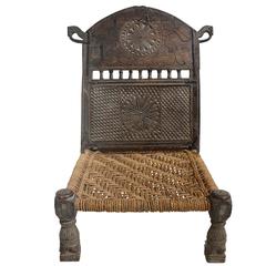 Antique Afghan Chieftain Ceremonial Hand-Carved Chair with Woven Rope Seat