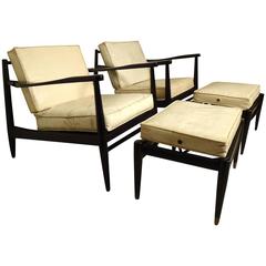 Pair of Mid-Century Folke Ohlsson Lounge Chairs and Ottomans