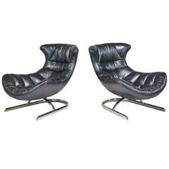Pair of Futuristic Leather and Chrome Lounge Chairs